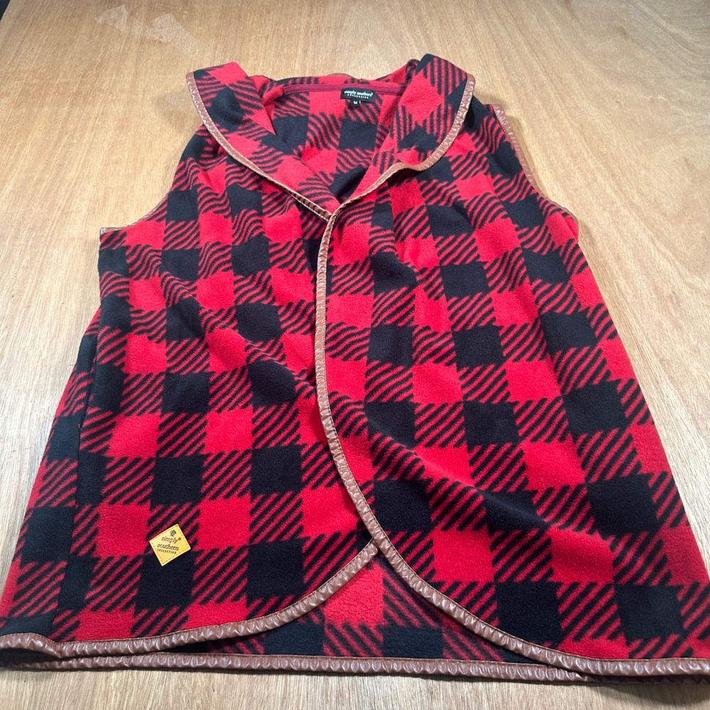 Simply Southern Fleece Vest Womens Medium Red Black Buffalo Plaid Faux Leather